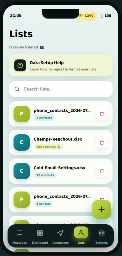 Klickrr app lists screen