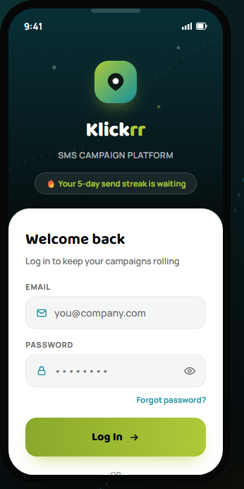 Klickrr app login screen