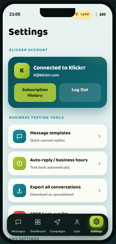 Klickrr app settings screen